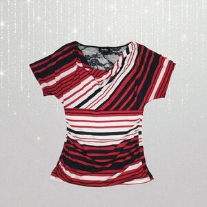 by & by Red Black White Striped Short Sleeve Top W Lace Panel